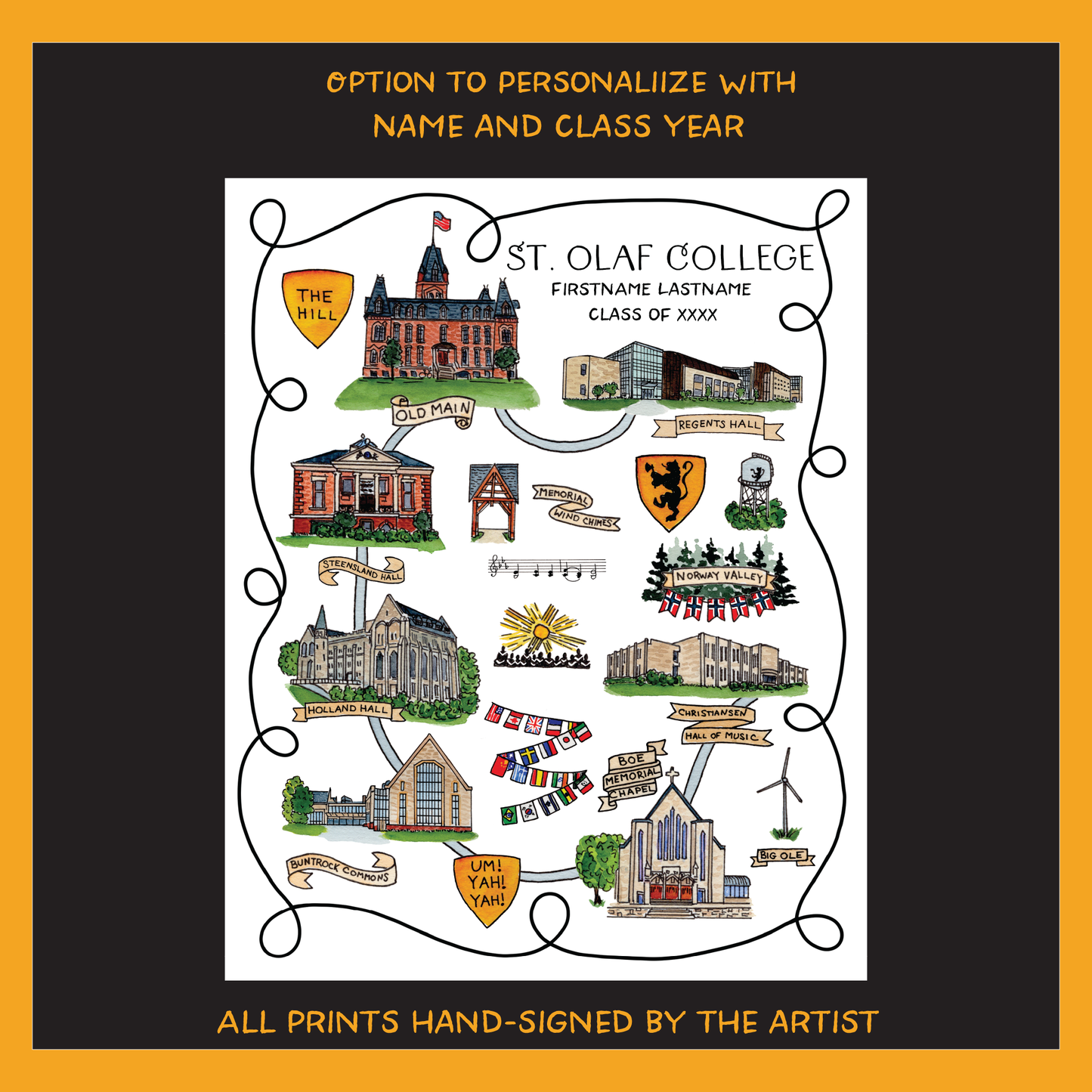 St. Olaf College Illustrated Map - Option to Personalize