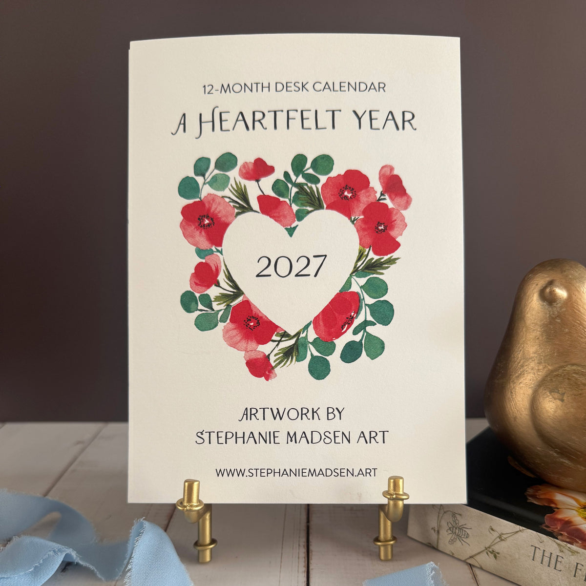 2027 Watercolor Heart Wreath Desk Calendar with Stand | Monthly Floral Art | Artist Made | Gift Box | A Heartfelt Year