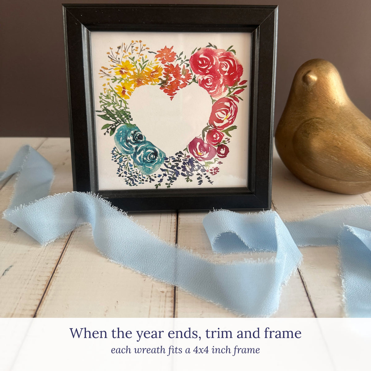 Watercolor wreath trimmed and framed in a small black 4x4 frame