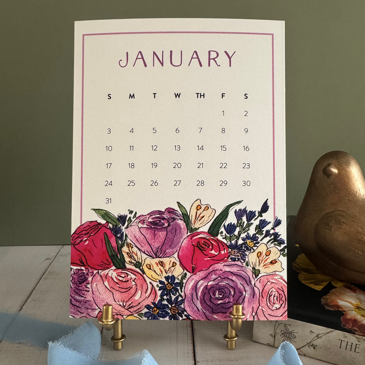 2027 Watercolor Floral Desk Calendar with Gift Box & Optional Easel