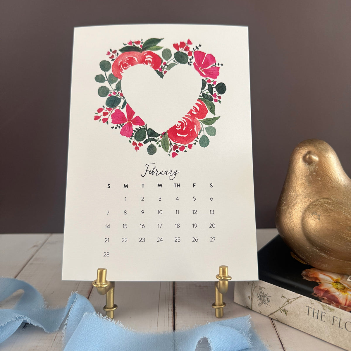 February page with a wreath of pink and red roses around a heart