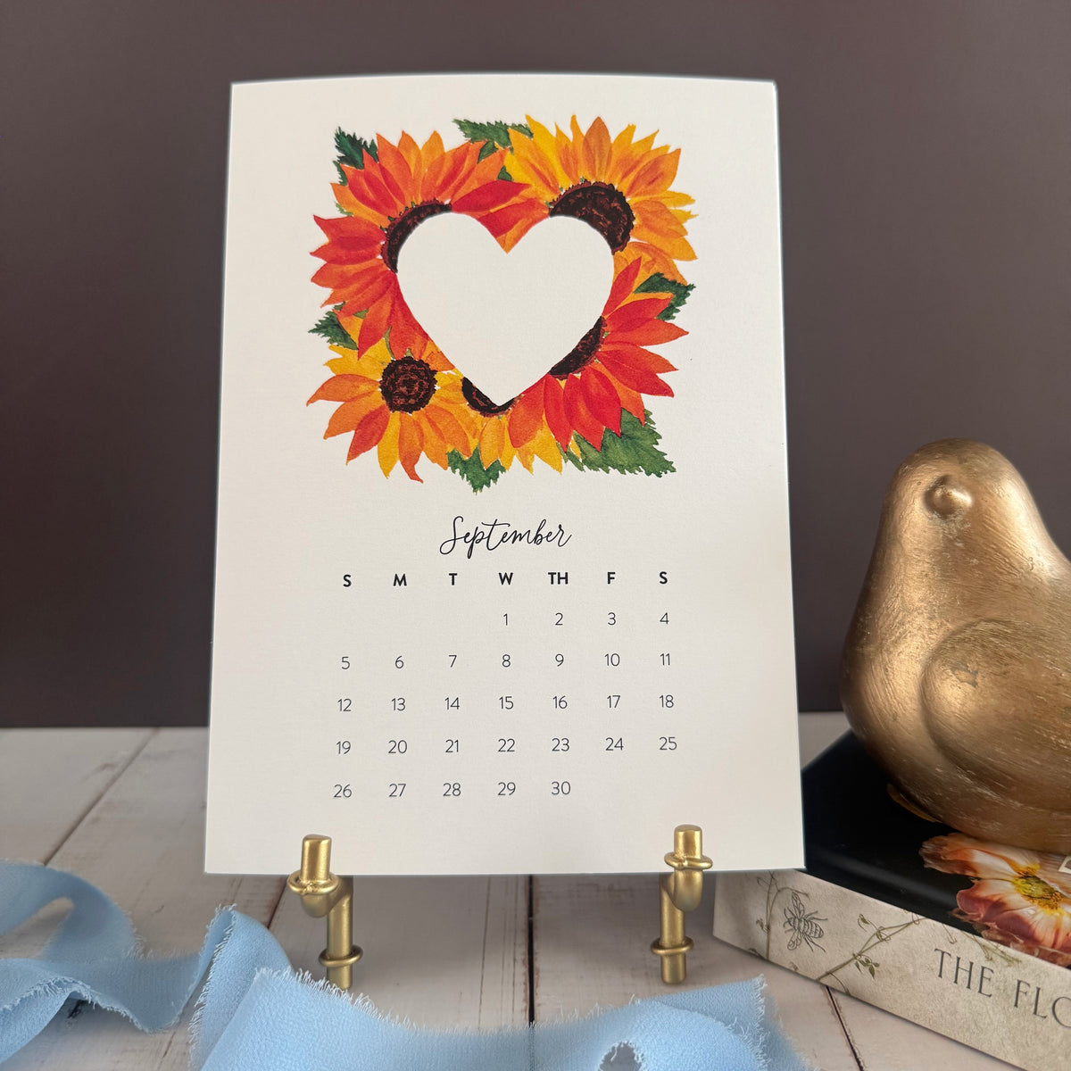 September page with a heart wreath of sunflowers