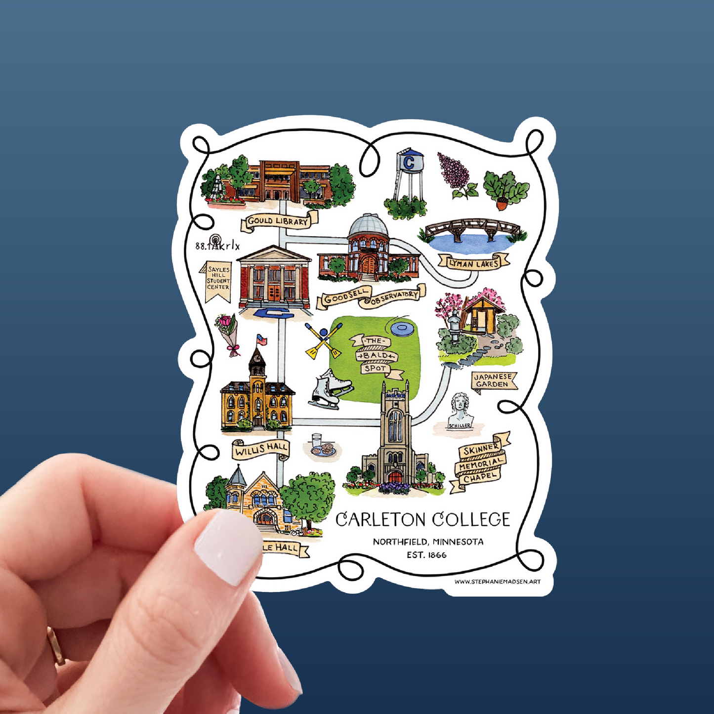 Magnets and Stickers - Illustrated Map of Carleton College - Ships Free