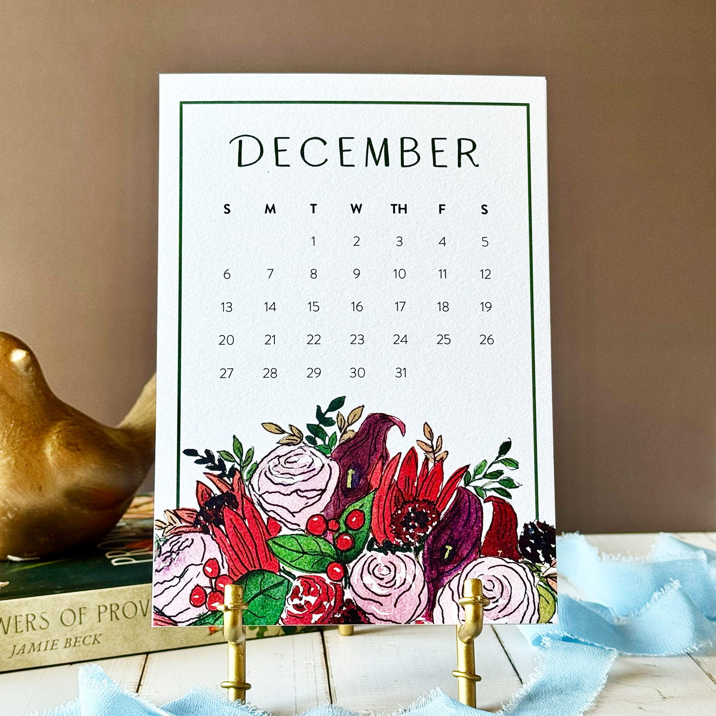 2026 Watercolor Floral Desk Calendar - Optional Easel & Gift Box