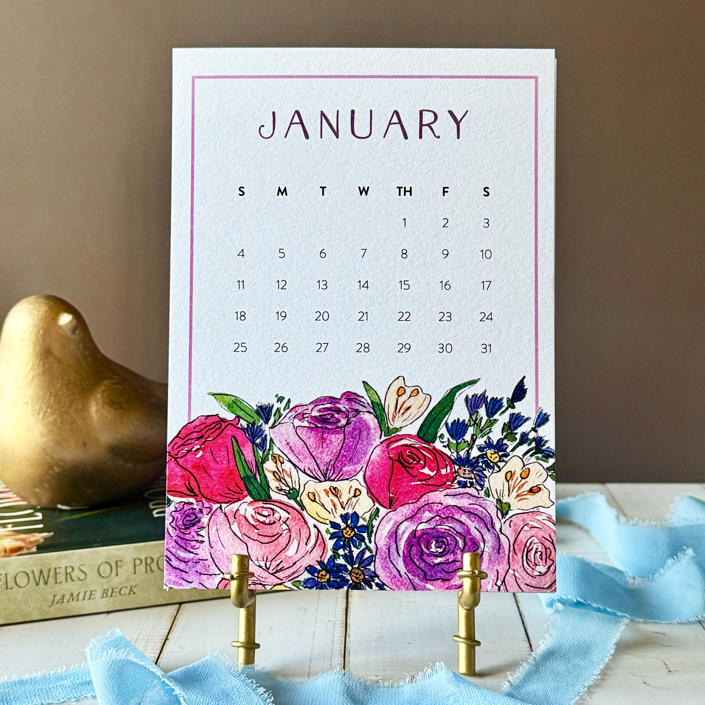 2026 Watercolor Floral Desk Calendar - Optional Easel & Gift Box