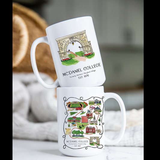 McDaniel College 15 oz mug featuring a watercolor illustrated map