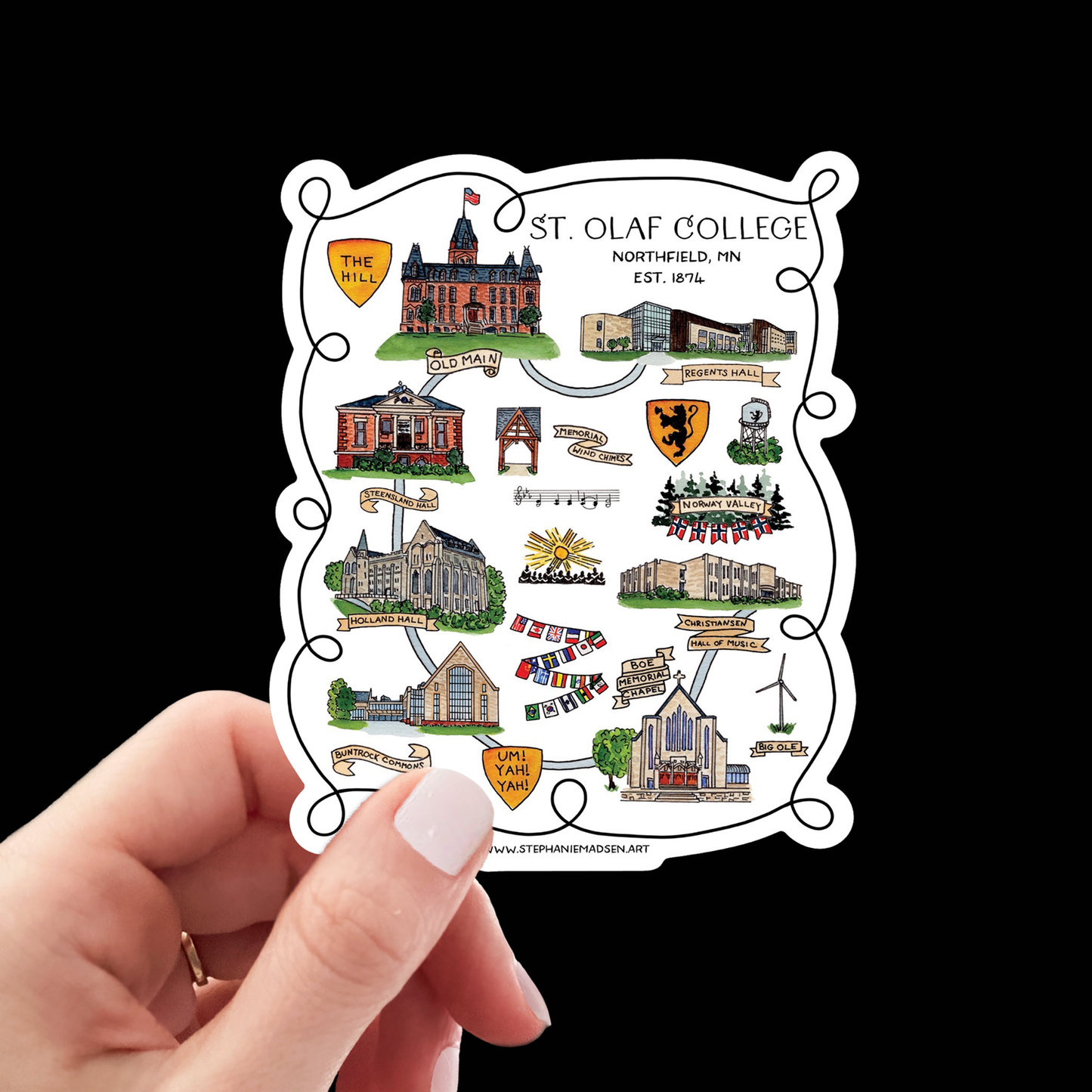 Magnets and Stickers - Illustrated Map of St. Olaf College - Ships Free