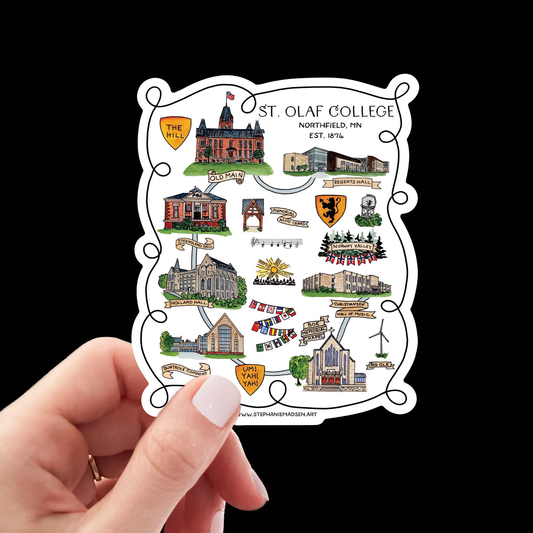 Magnets and Stickers - Illustrated Map of St. Olaf College - Ships Free