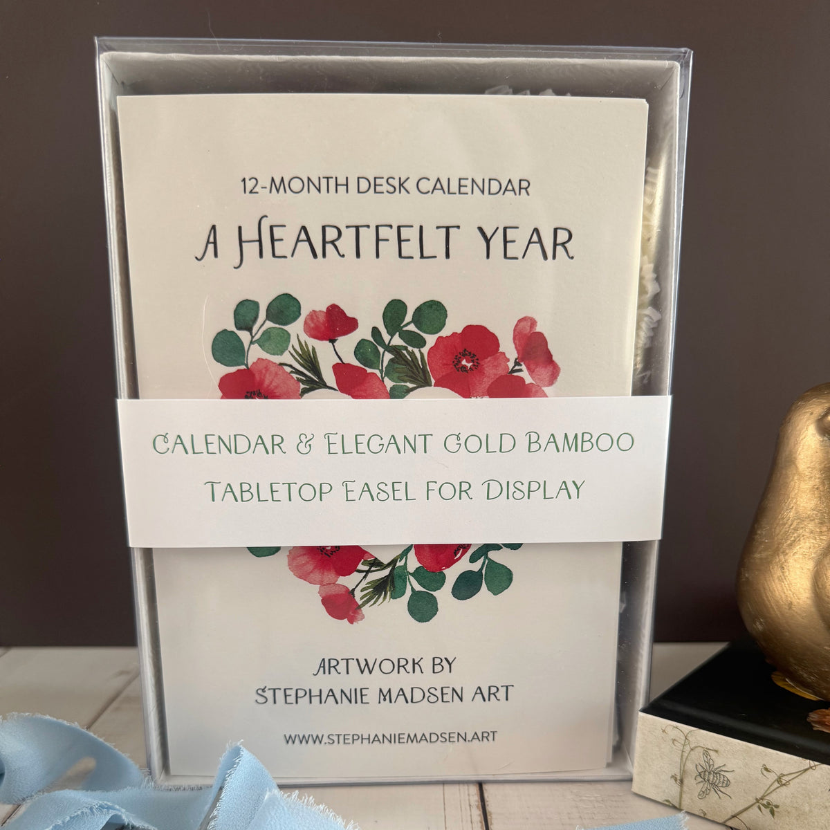 2027 desk calendar in a white gift box with gold bamboo easel included