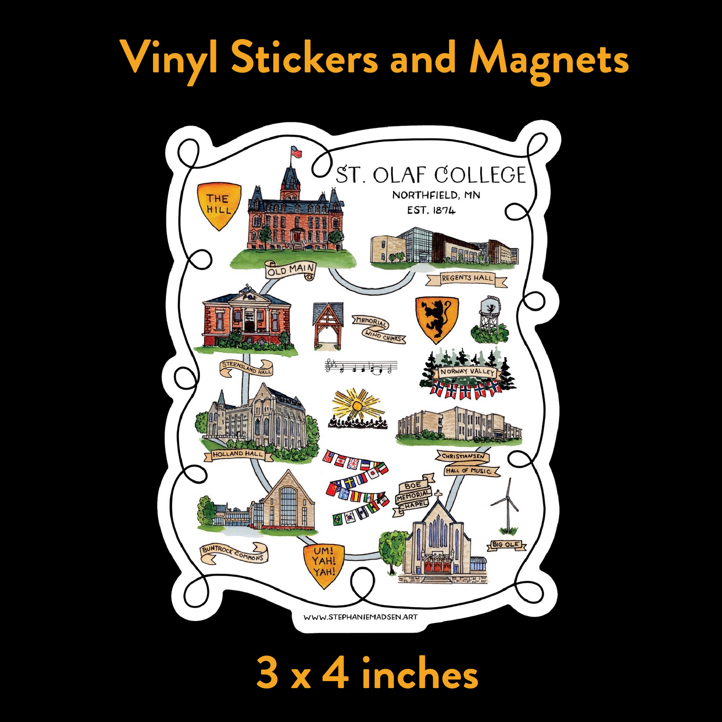 Magnets and Stickers - Illustrated Map of St. Olaf College - Ships Free