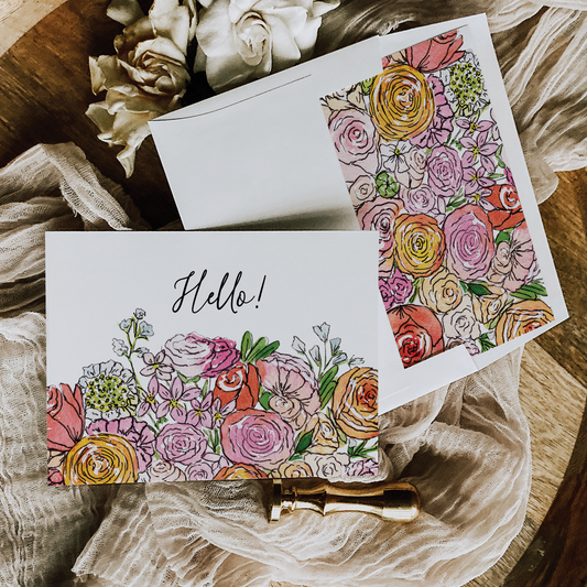 Pink Posy Hello Cards - set of 8