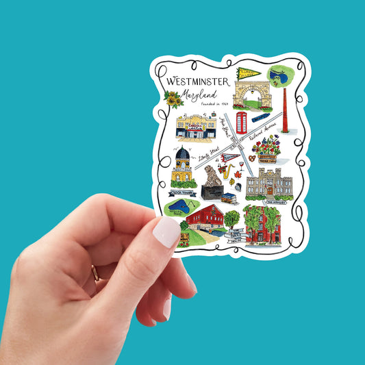 Magnets and Stickers - Illustrated Map of Westminster Maryland - Ships Free