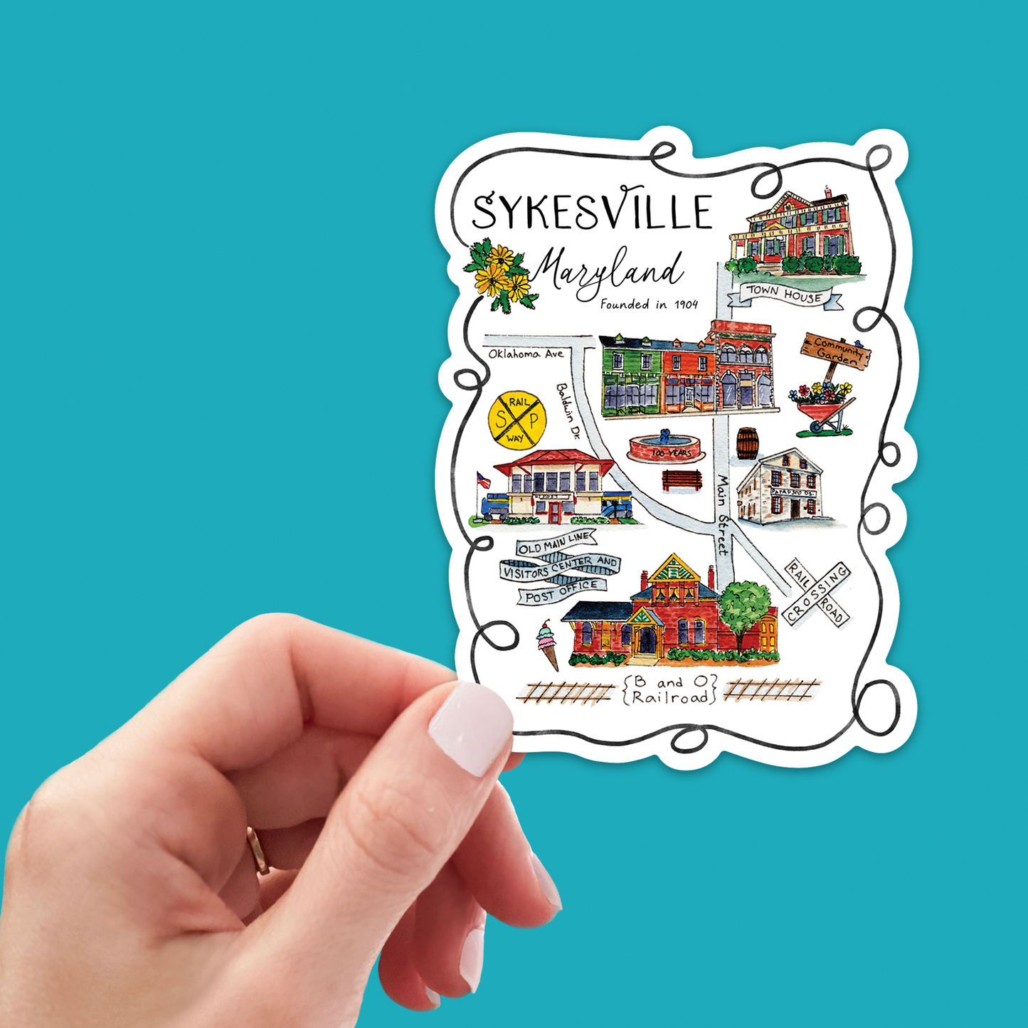 Stickers and Magnets - Illustrated Map of Sykesville Maryland - Ships Free