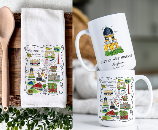 Tea Towel and Mug Bundle - Westminster Maryland or McDaniel College