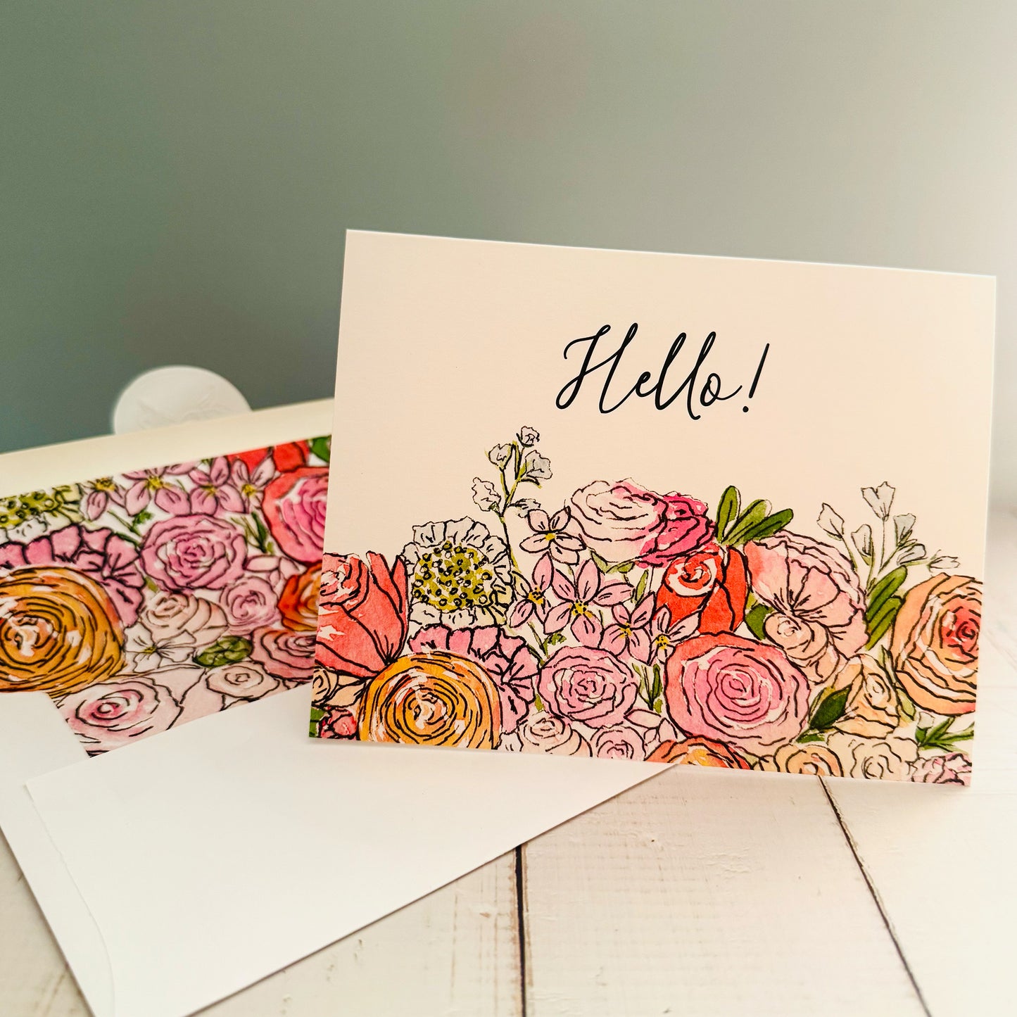 Pink Posy Hello Cards - set of 8